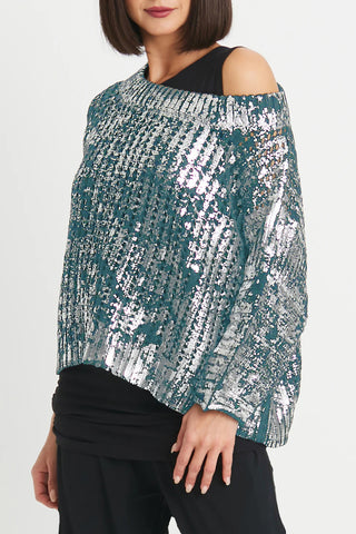 Metallic Crochet Sweater, Vapor/Silver