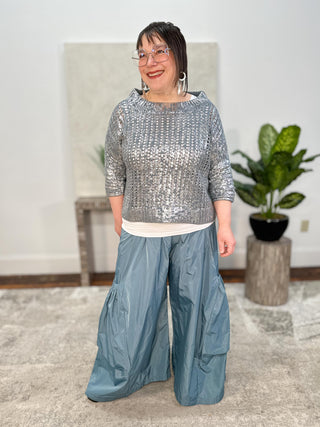 Metallic Crochet Sweater, Vapor/Silver