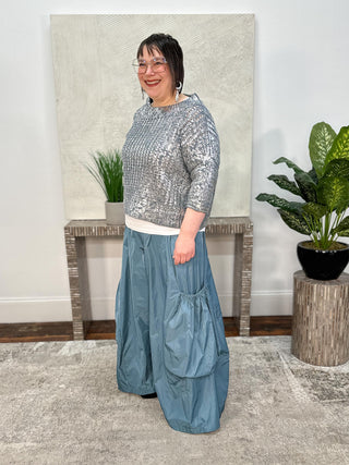 Metallic Crochet Sweater, Vapor/Silver