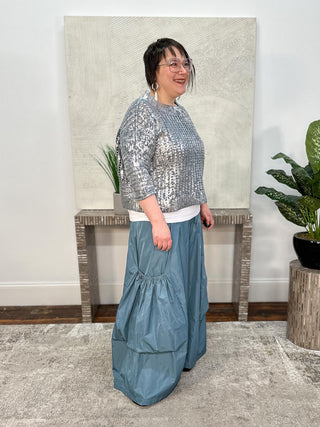 Metallic Crochet Sweater, Vapor/Silver