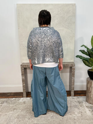 Metallic Crochet Sweater, Vapor/Silver