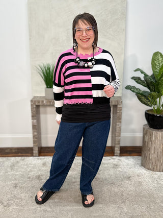 Planet by Lauren G Mini Mixed Up Tattered Sweater, Black/Peony/White - Statement Boutique