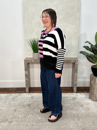 Planet by Lauren G Mini Mixed Up Tattered Sweater, Black/Peony/White - Statement Boutique
