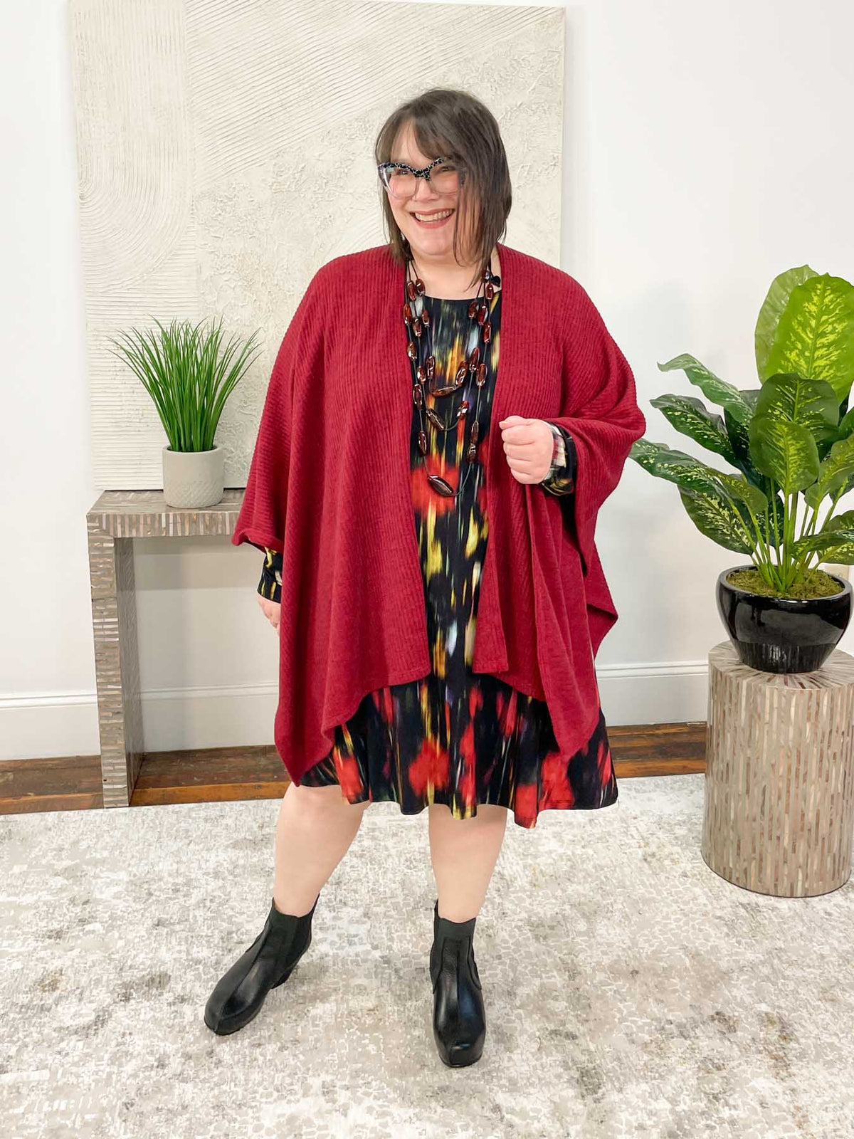 Pure Essence Ribbed Sweater Ruana Poncho, Cherry - Statement Boutique