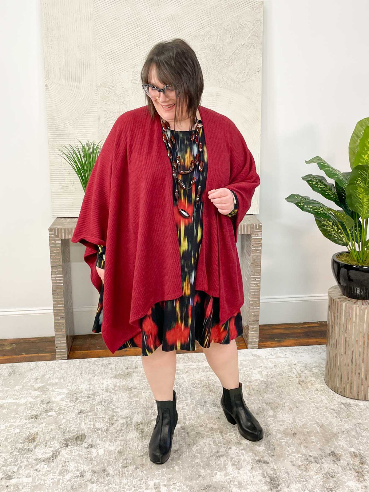 Pure Essence Ribbed Sweater Ruana Poncho, Cherry - Statement Boutique