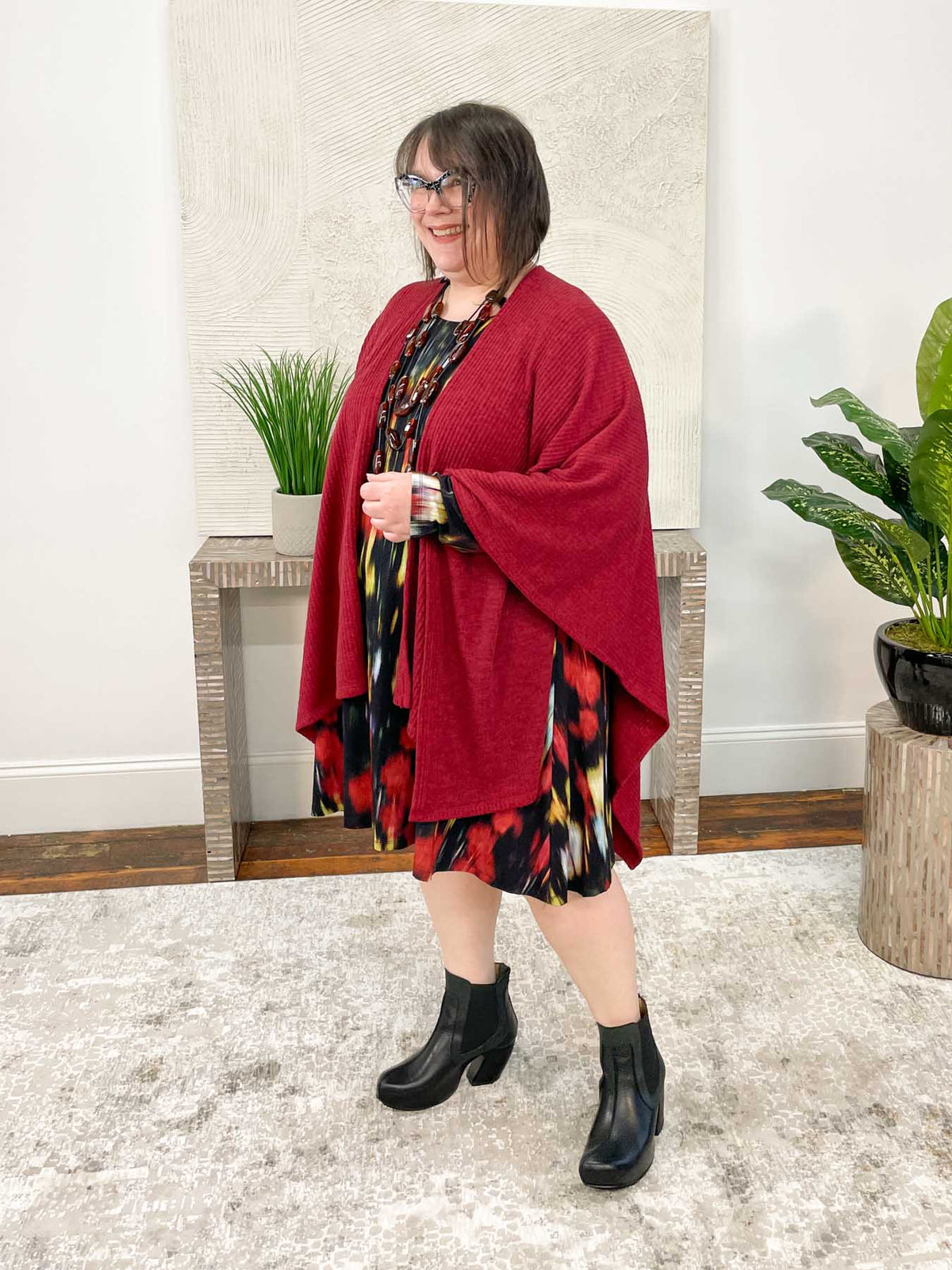 Pure Essence Ribbed Sweater Ruana Poncho, Cherry - Statement Boutique
