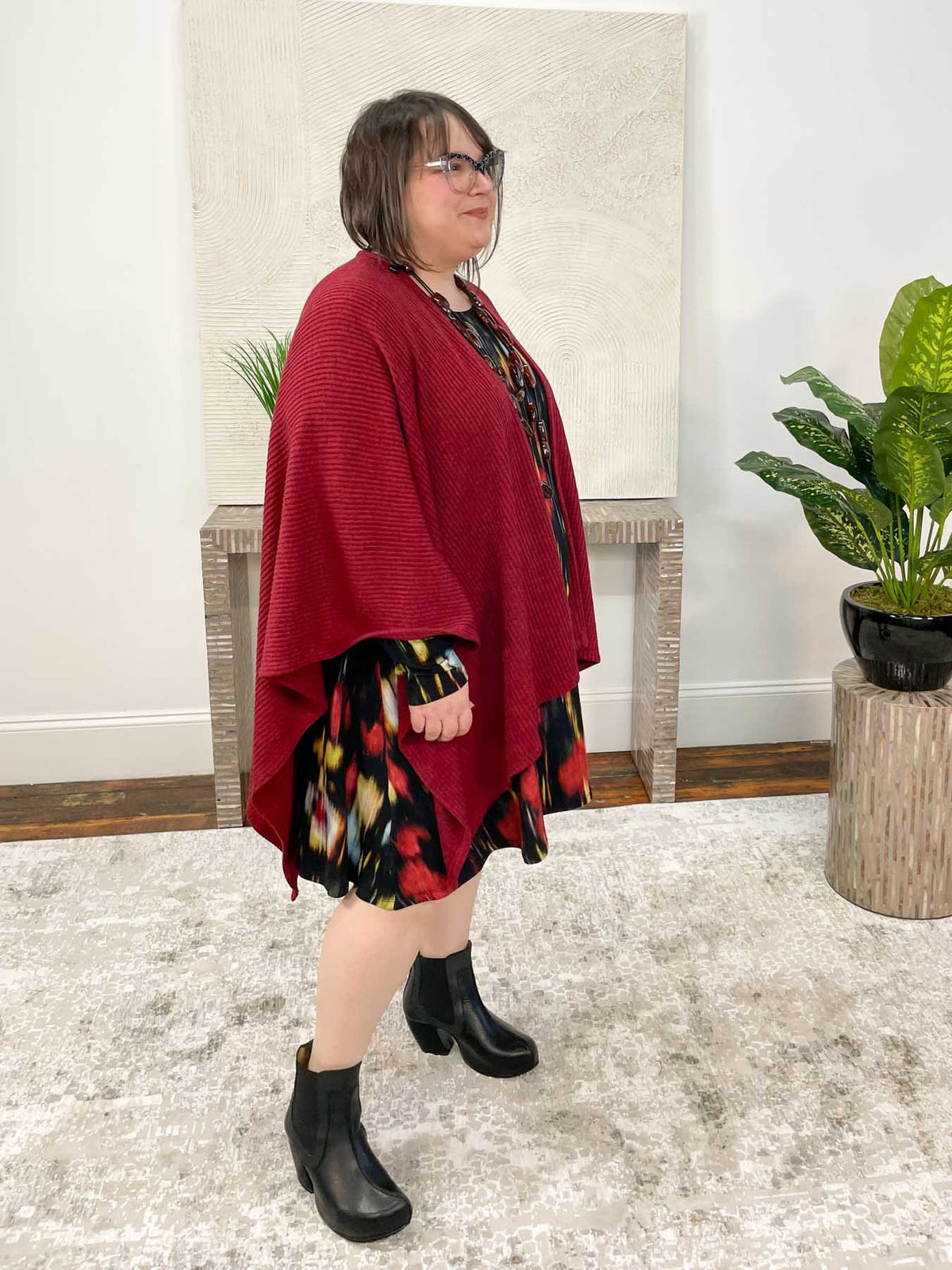Pure Essence Ribbed Sweater Ruana Poncho, Cherry - Statement Boutique
