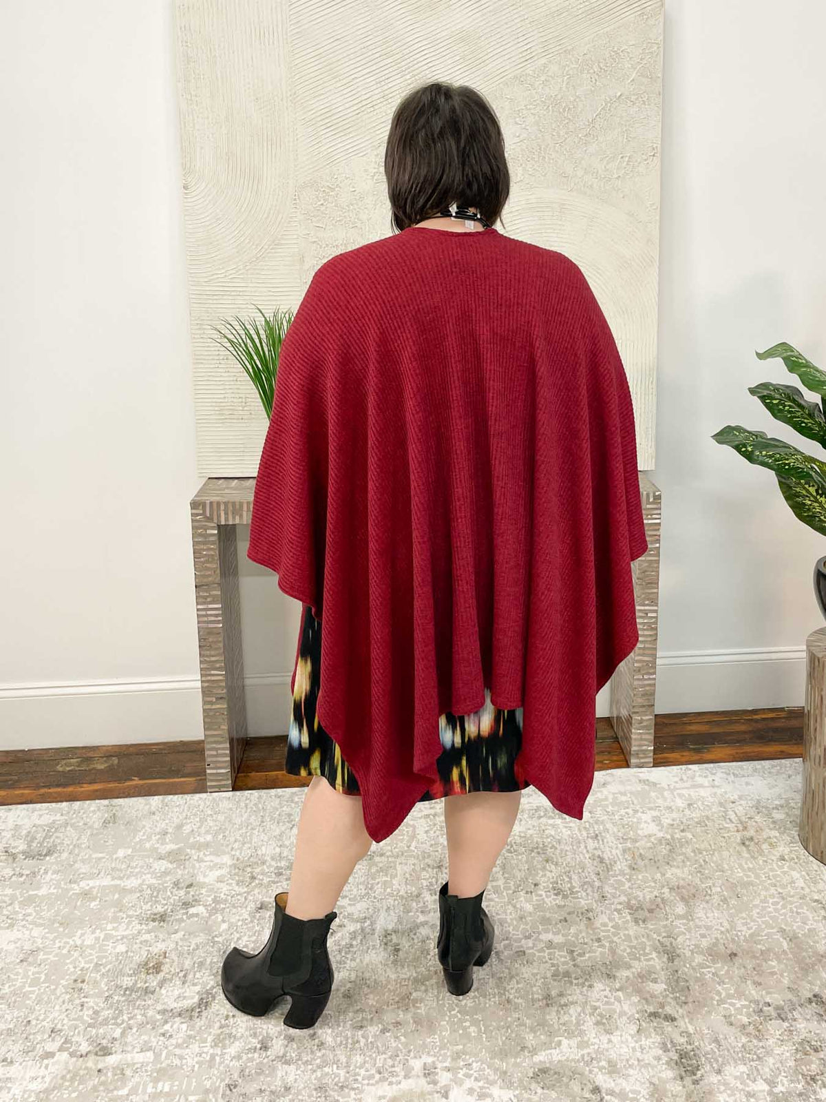 Pure Essence Ribbed Sweater Ruana Poncho, Cherry - Statement Boutique