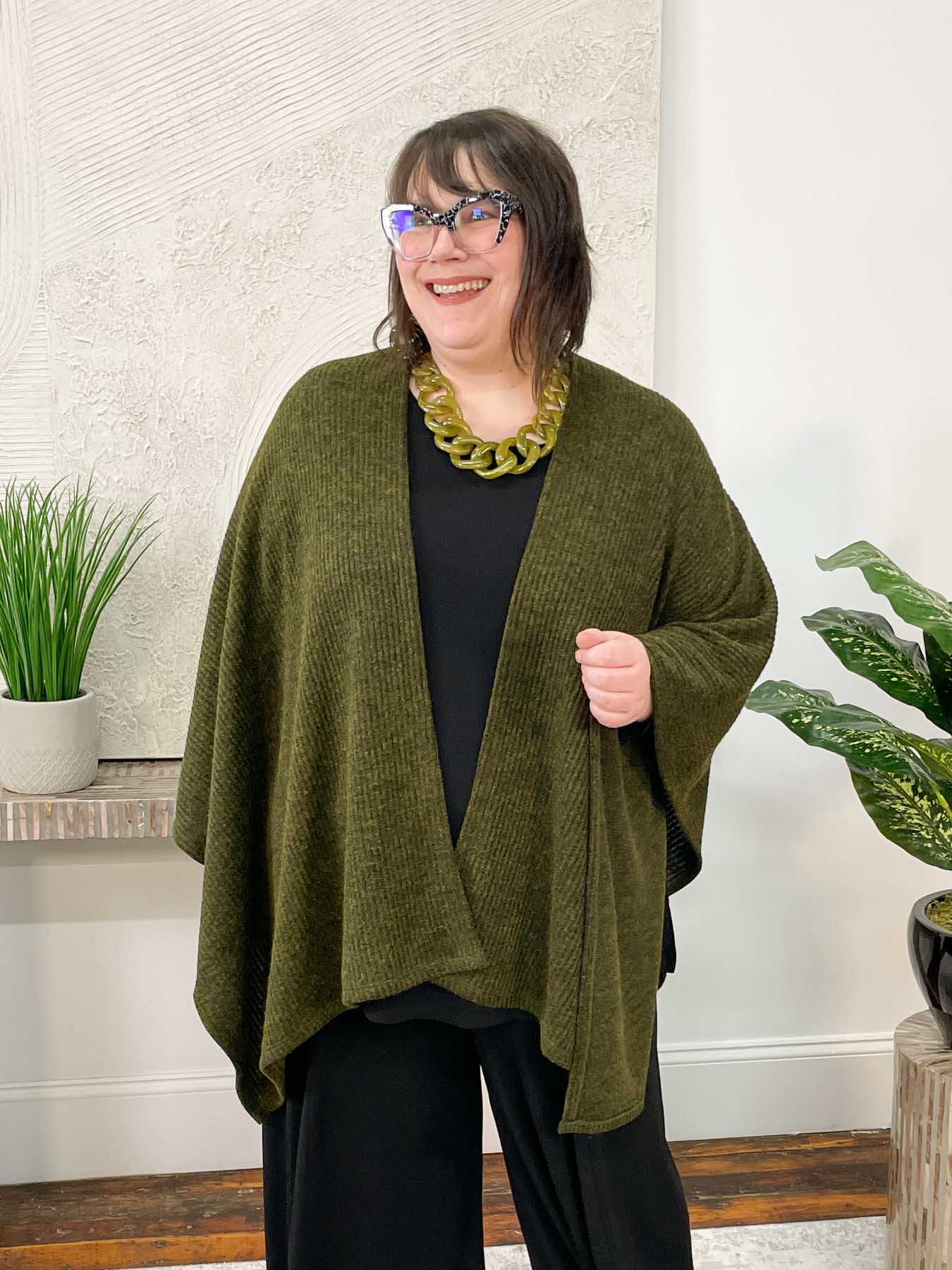 Pure Essence Ribbed Sweater Ruana Poncho, Moss - Statement Boutique