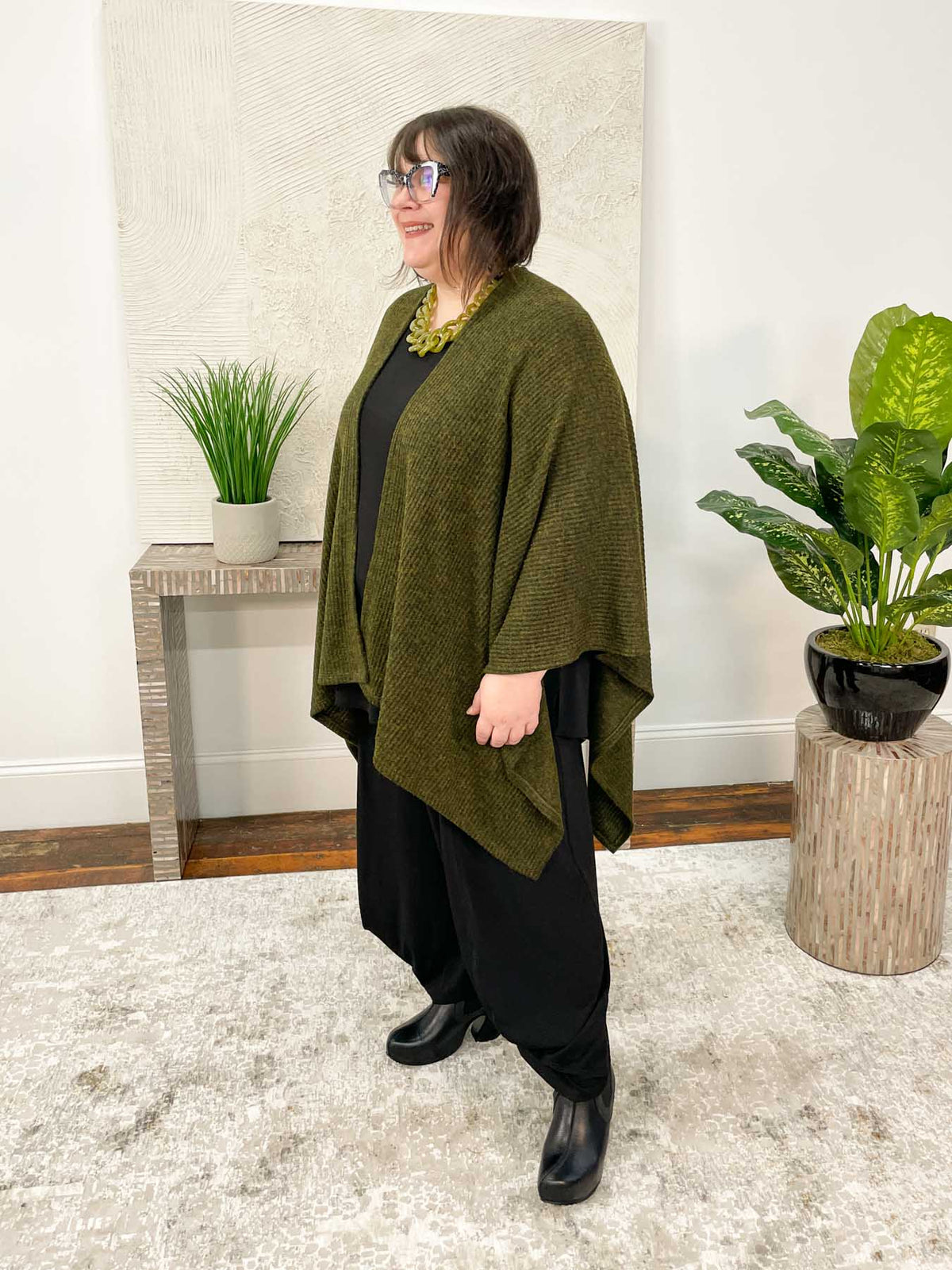 Pure Essence Ribbed Sweater Ruana Poncho, Moss - Statement Boutique