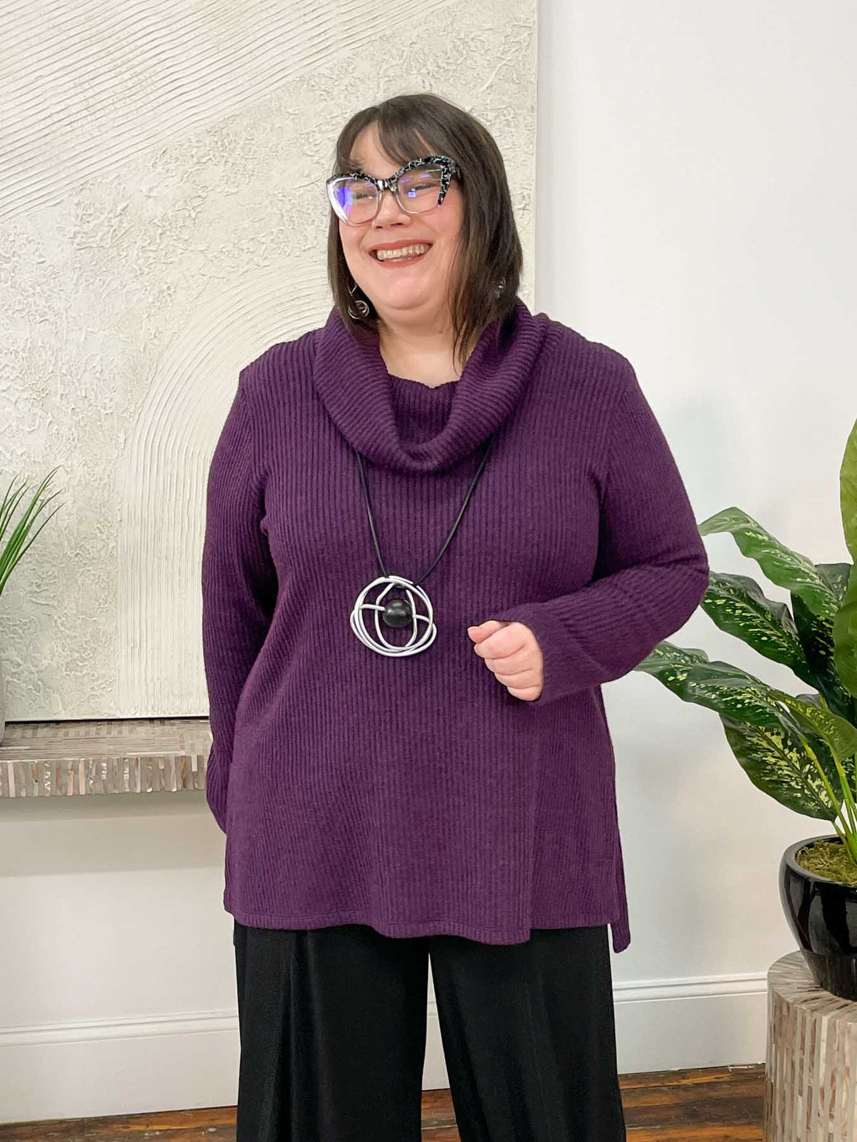 Pure Essence Turtleneck Ribbed Sweater Tunic, Grape - Statement Boutique