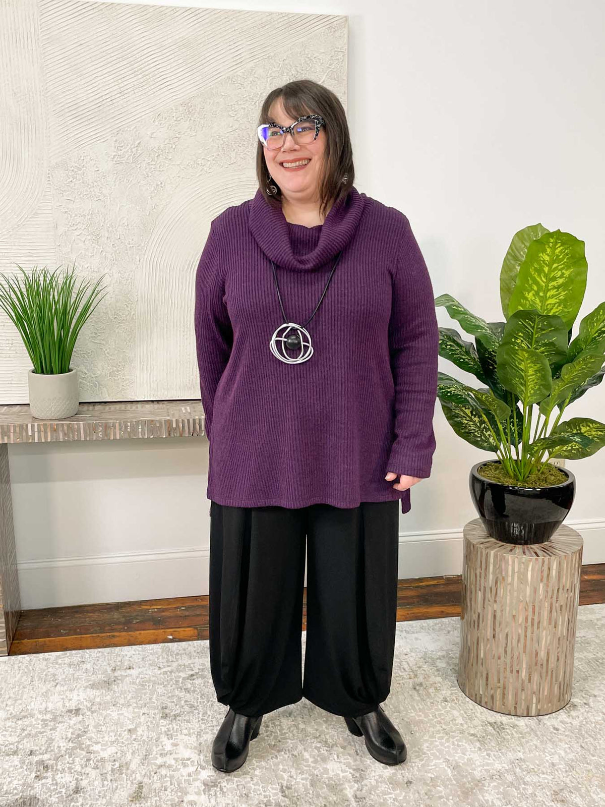 Pure Essence Turtleneck Ribbed Sweater Tunic, Grape - Statement Boutique