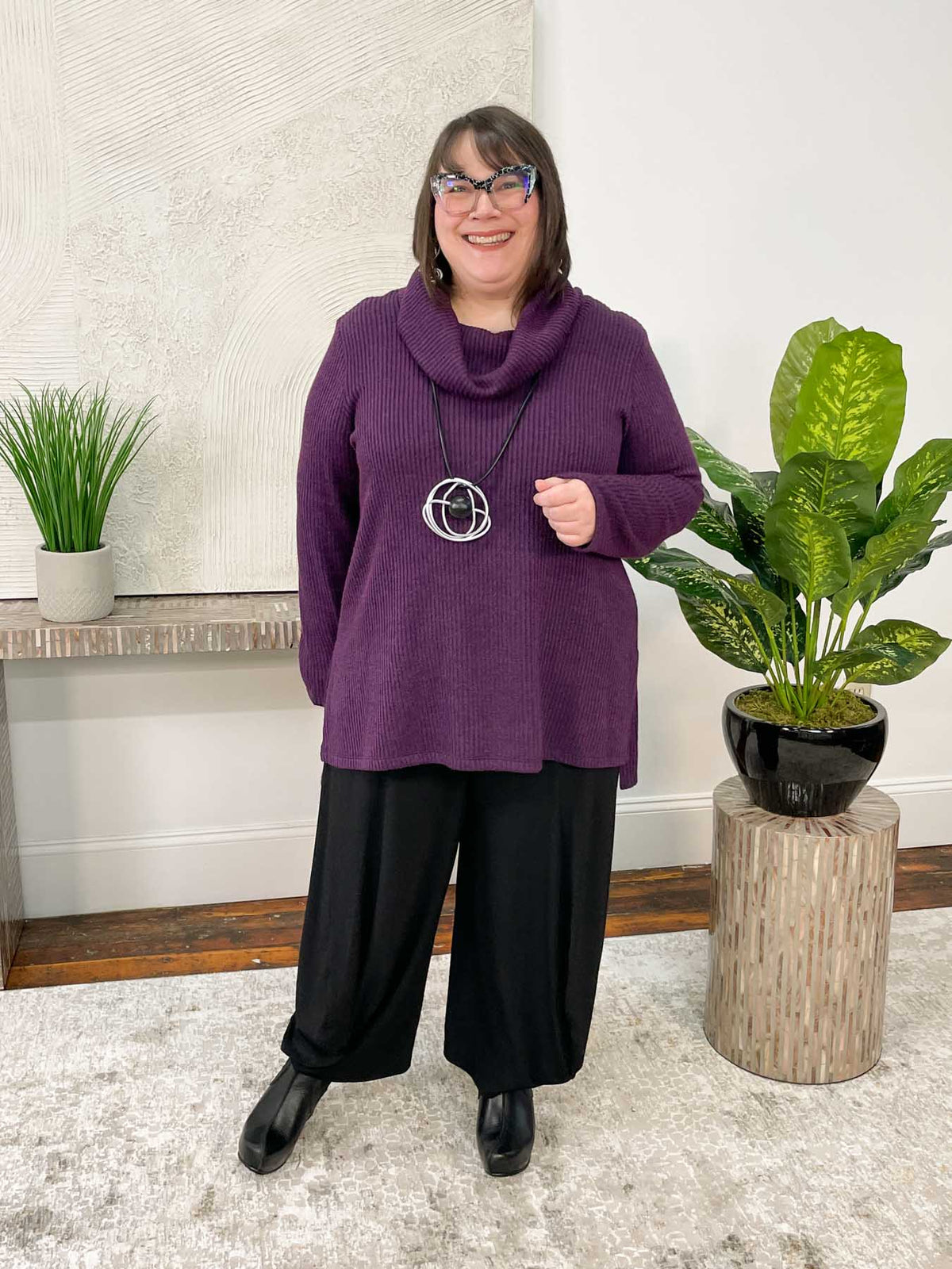 Pure Essence Turtleneck Ribbed Sweater Tunic, Grape - Statement Boutique