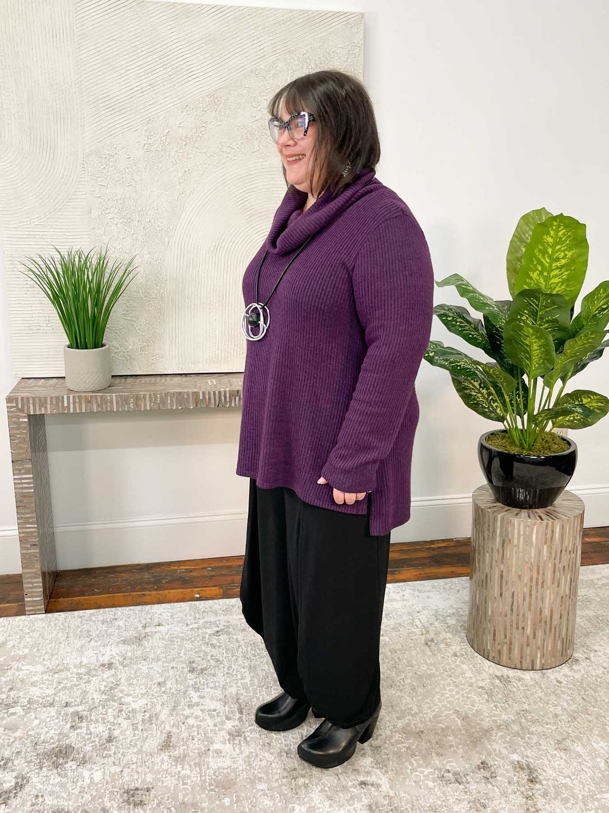 Pure Essence Turtleneck Ribbed Sweater Tunic, Grape - Statement Boutique