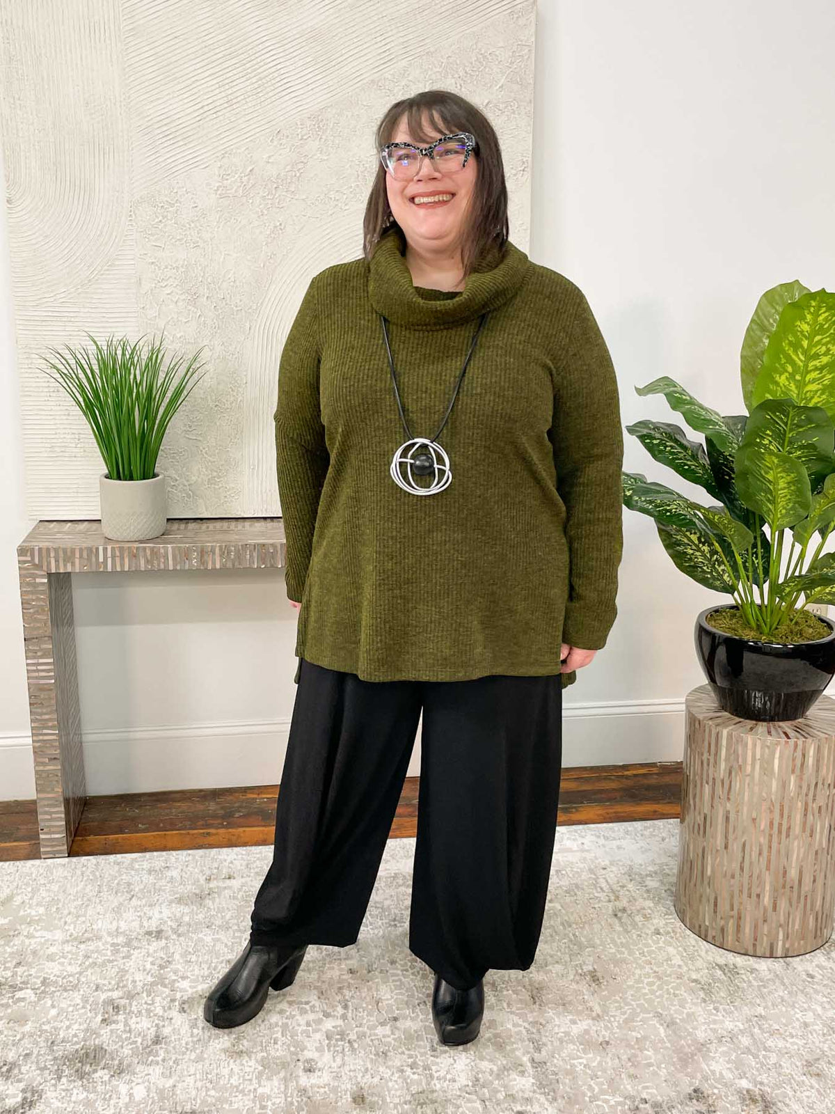 Pure Essence Turtleneck Ribbed Sweater Tunic, Moss - Statement Boutique