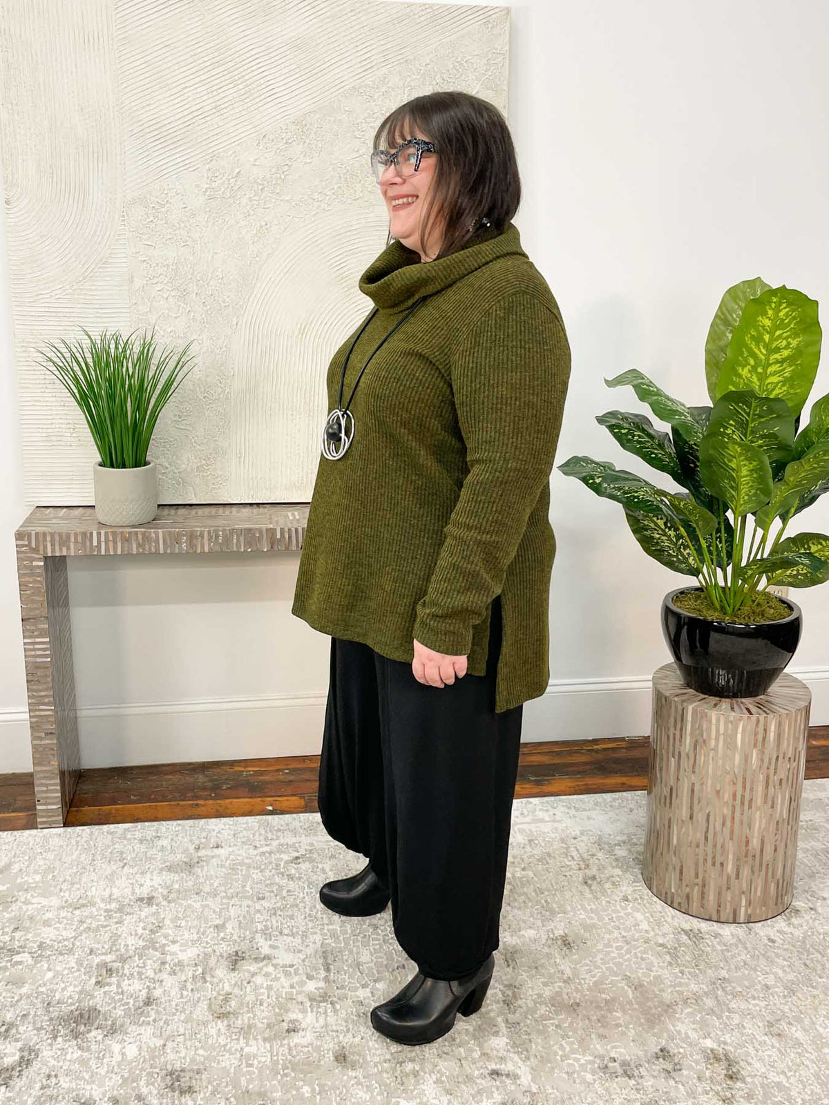 Pure Essence Turtleneck Ribbed Sweater Tunic, Moss - Statement Boutique