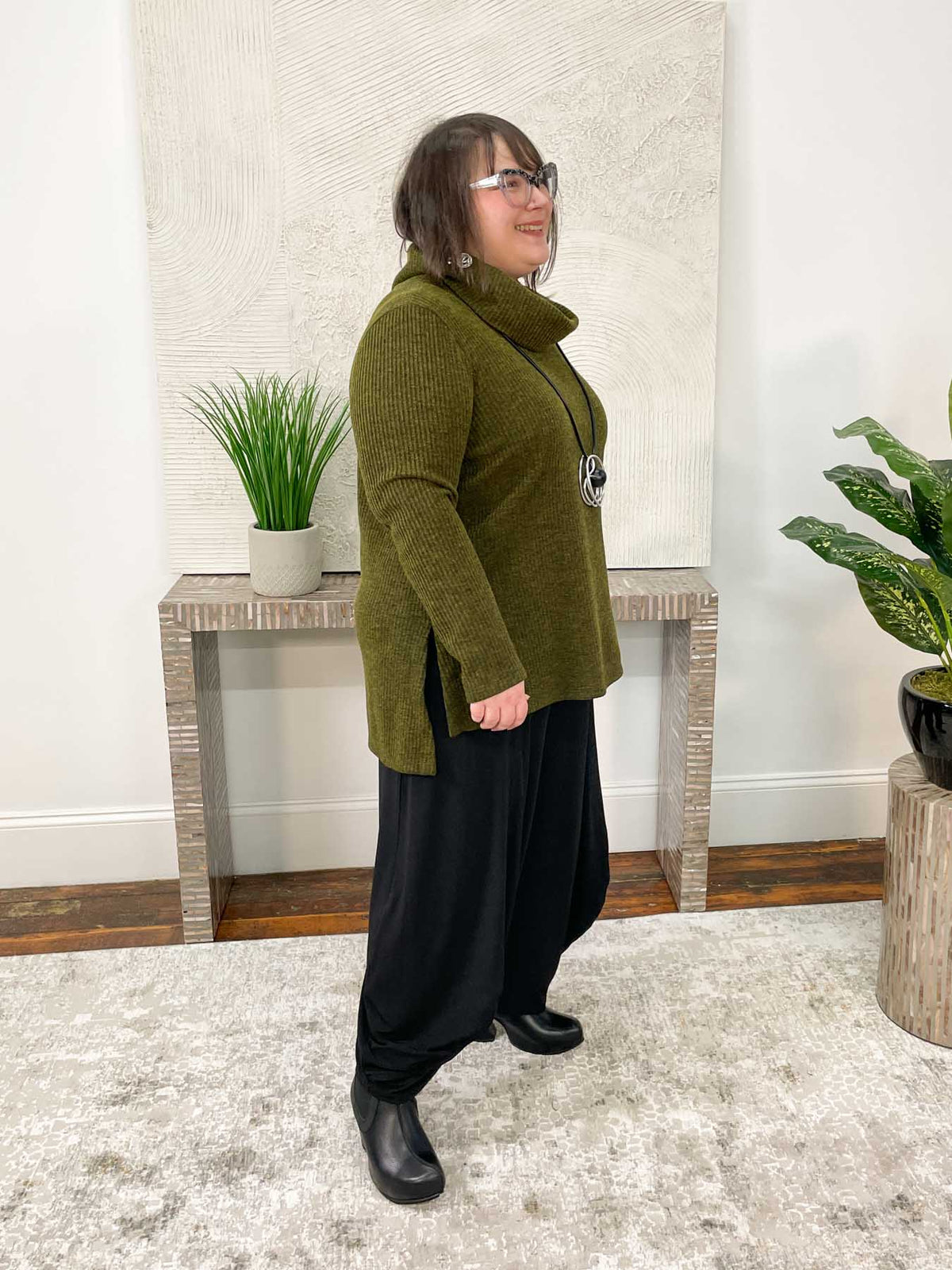 Pure Essence Turtleneck Ribbed Sweater Tunic, Moss - Statement Boutique