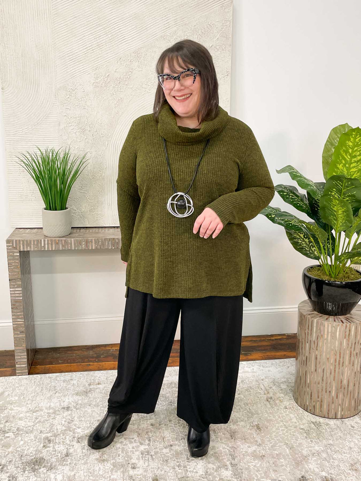 Pure Essence Turtleneck Ribbed Sweater Tunic, Moss - Statement Boutique