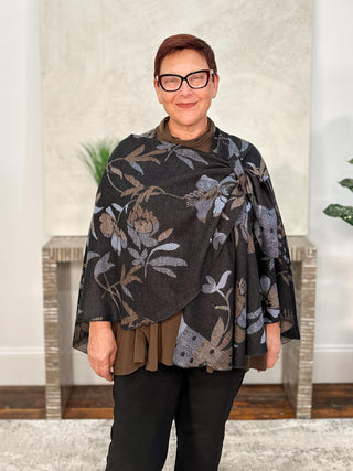 Cashmere Reversible Buckle Shawl, Floral Black Blue Brown