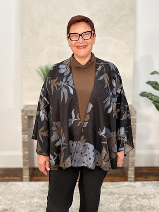 Cashmere Reversible Buckle Shawl, Floral Black Blue Brown