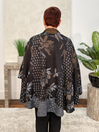 Cashmere Reversible Buckle Shawl, Floral Black Blue Brown