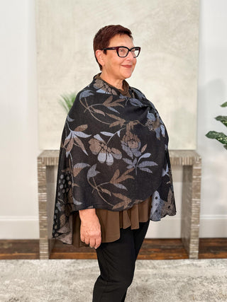 Cashmere Reversible Buckle Shawl, Floral Black Blue Brown