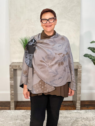 Cashmere Reversible Buckle Shawl, Floral Black Blue Brown