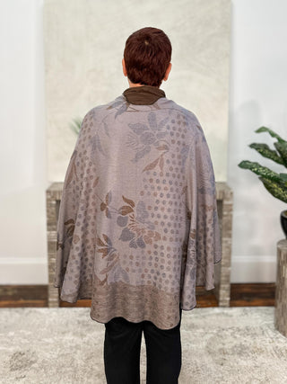 Cashmere Reversible Buckle Shawl, Floral Black Blue Brown