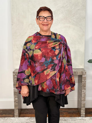 Cashmere Reversible Buckle Shawl, Leaves Red Multi