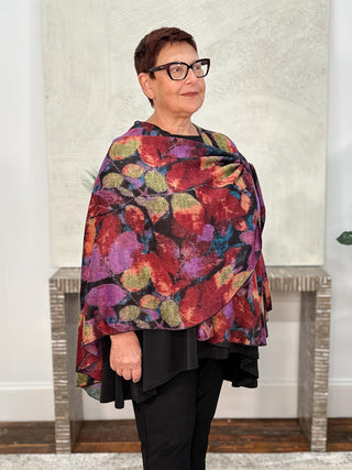Cashmere Reversible Buckle Shawl, Leaves Red Multi