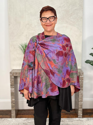 Cashmere Reversible Buckle Shawl, Leaves Red Multi
