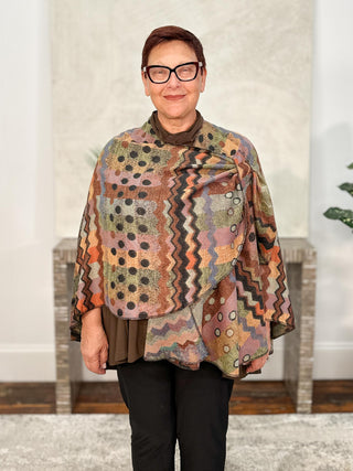Cashmere Reversible Buckle Shawl, Zig Zag Dots Rust Multi