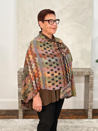 Cashmere Reversible Buckle Shawl, Zig Zag Dots Rust Multi