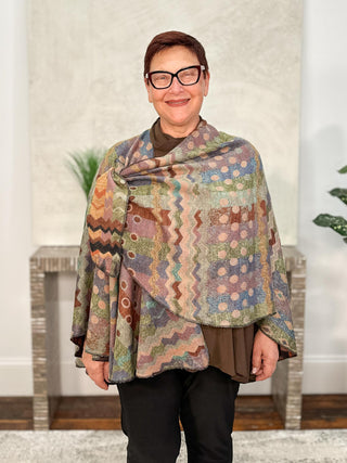 Cashmere Reversible Buckle Shawl, Zig Zag Dots Rust Multi