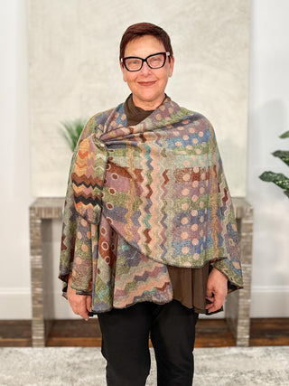 Cashmere Reversible Buckle Shawl, Zig Zag Dots Rust Multi