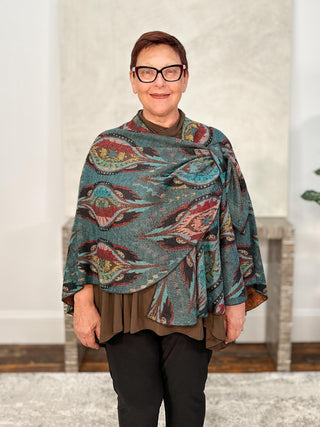 Cashmere Reversible Buckle Shawl, Almond Shapes Teal Multi