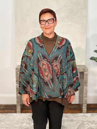 Cashmere Reversible Buckle Shawl, Almond Shapes Teal Multi