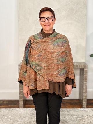 Cashmere Reversible Buckle Shawl, Almond Shapes Teal Multi