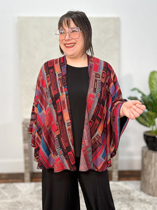 Cashmere Reversible Buckle Shawl, Rectangles Red Multi