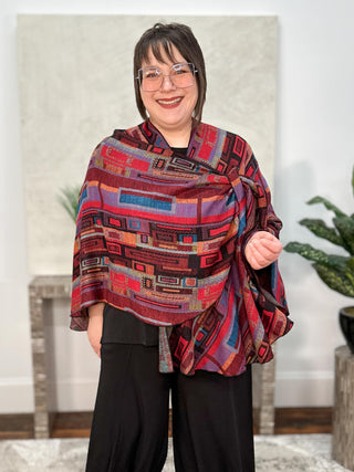 Cashmere Reversible Buckle Shawl, Rectangles Red Multi