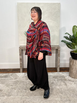 Cashmere Reversible Buckle Shawl, Rectangles Red Multi