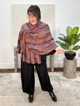 Cashmere Reversible Buckle Shawl, Rectangles Red Multi