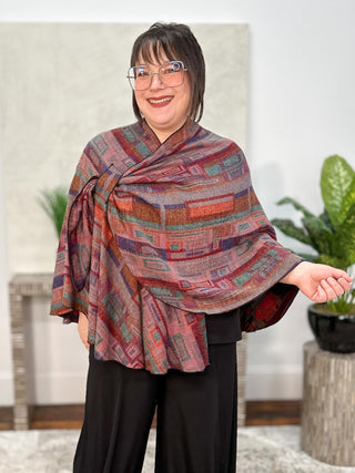Cashmere Reversible Buckle Shawl, Rectangles Red Multi