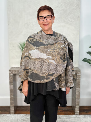 Cashmere Reversible Buckle Shawl, Paisley Grey Camel/Charcoal