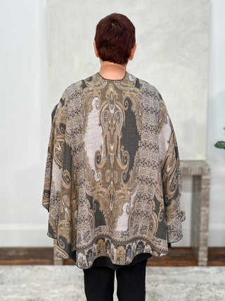 Cashmere Reversible Buckle Shawl, Paisley Grey Camel/Charcoal