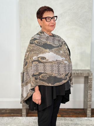 Cashmere Reversible Buckle Shawl, Paisley Grey Camel/Charcoal