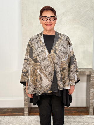 Cashmere Reversible Buckle Shawl, Paisley Grey Camel/Charcoal