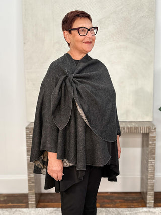 Cashmere Reversible Buckle Shawl, Paisley Grey Camel/Charcoal
