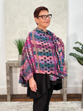 Cashmere Reversible Buckle Shawl, Zig Zag Dots Pink Multi