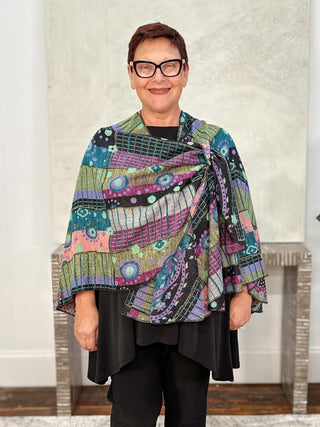 Cashmere Reversible Buckle Shawl, Grid Dots Teal Fuchsia